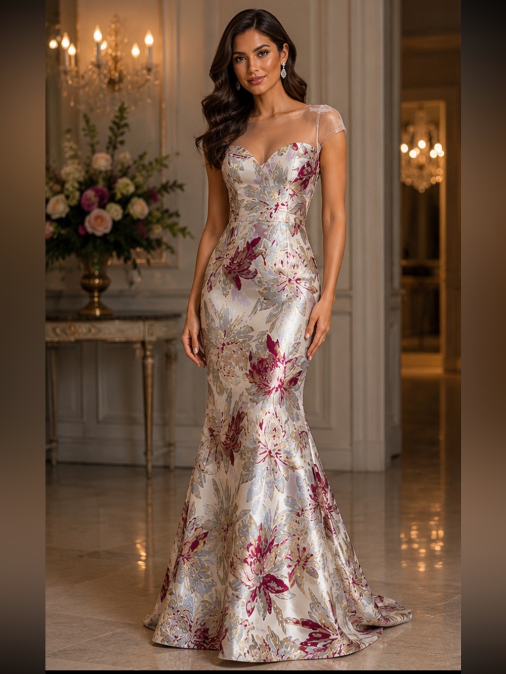 Aidan Mattox jacquard short sleeve mesh top long gown - Picture 4 of 17